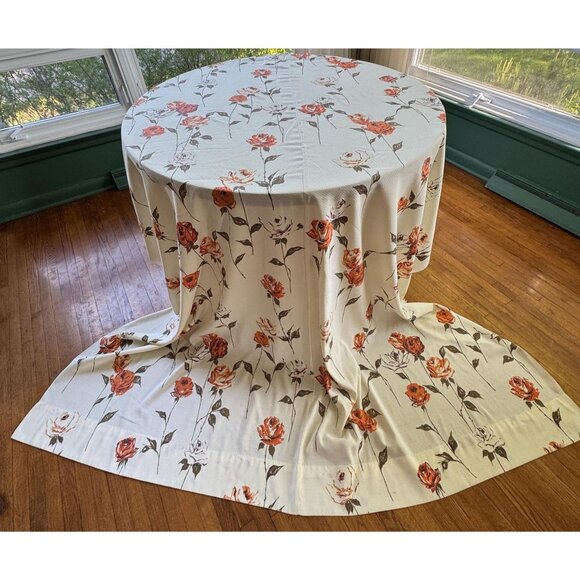 Vintage 1970s cream curtain, large orange roses, long stems, pleated, per panel - Picture 4 of 10